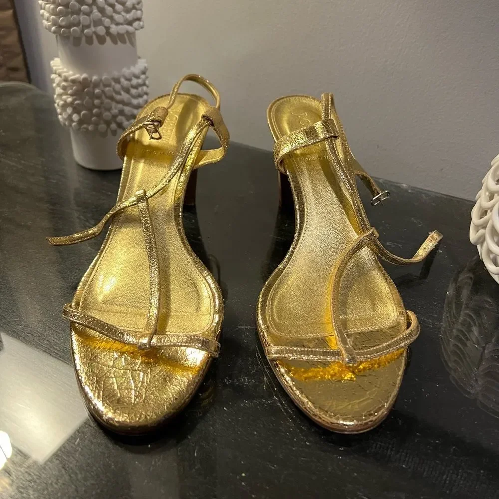 J Crew Gold Carina T-Strap Heels